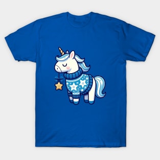 Festive Christmas Unicorn with a Snowflake Sweater and Star Ornament T-Shirt